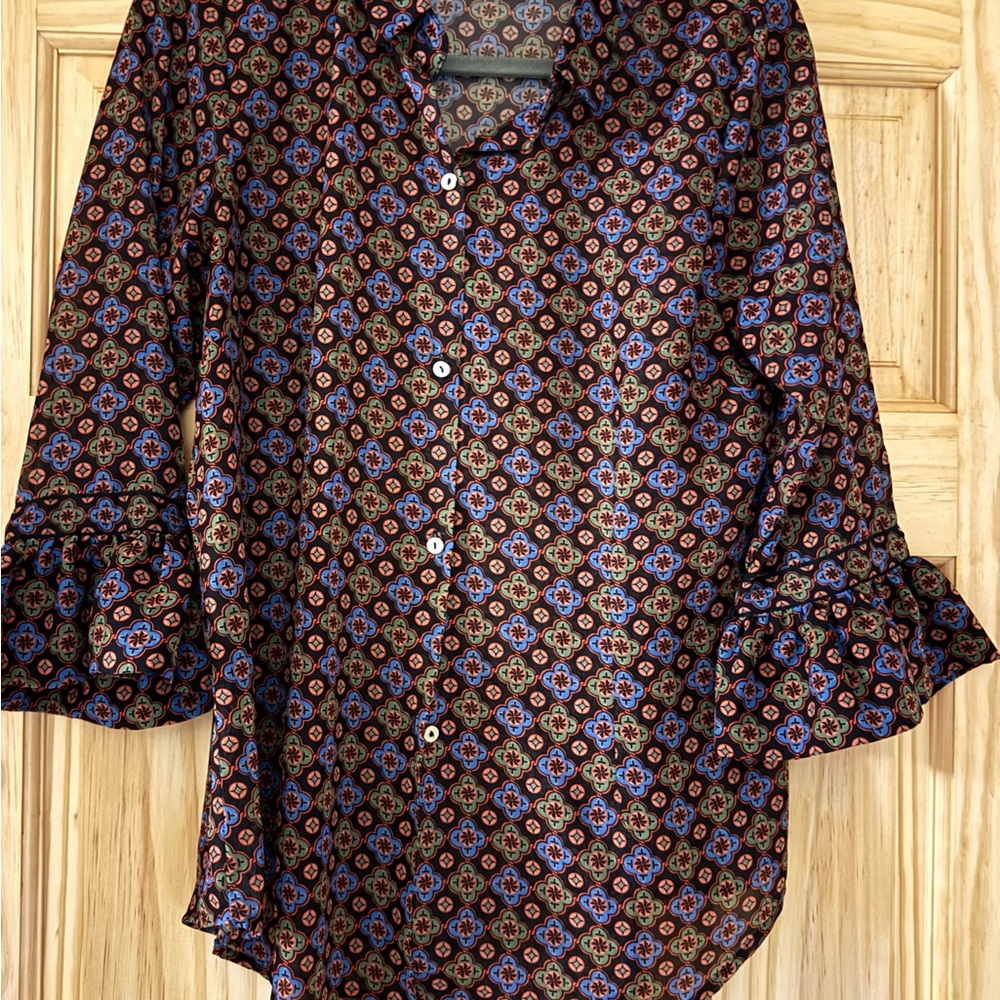 Gretchen Scott Designs Brown and Blue Patterned Button Down Shirt
